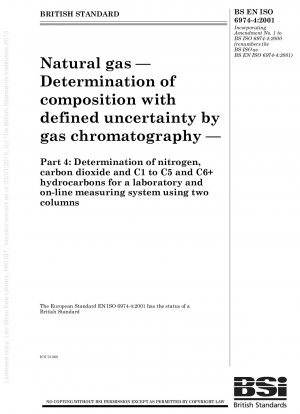 天然ガス - ガスクロマトグラフィーによる定義された不確実性を持つ成分の定量 パート 4: 2 つのカラムを使用した実験室およびオンライン測定システムでの窒素、二酸化炭素、C1 ～ C5 および C6 + 炭化水素の定量