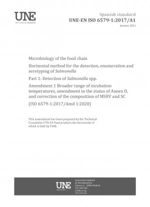 食物連鎖微生物学におけるサルモネラ属菌の検出、計数、血清型別の水平的手法 パート 1: サルモネラ属菌の検出 - 修正 1 より広い培養温度範囲、附属書 D ステータスの修正、および修正