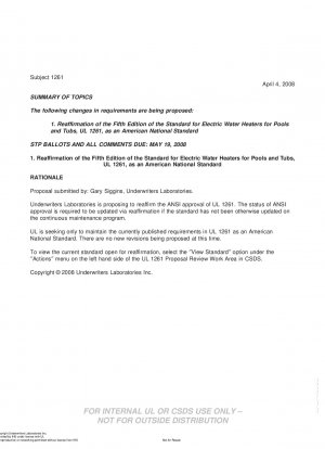 浴槽用電気温水器の UL 安全規格 コメント提出期限: 2008 年 5 月 19 日