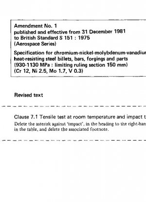クロム・ニッケル・モリブデン・バナジウム系耐熱鋼ビレット・棒・鍛造品・部品規格（930～1130MPa、等円断面150mmに限る）（クロム12、ニッケル2.5、モリブデン1.7、バナジウム0.3）