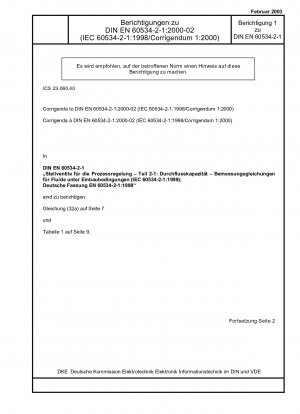 プロセス制御用の制御バルブ パート 1: 流量設置条件下での流体の設計方程式 (IEC 60534-2-1:1998)、ドイツ語版 EN 60534-2-1:1998