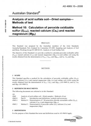 酸性硫酸塩土壌の分析。
乾燥サンプル。
実験方法。
過酸化物抽出可能硫黄 (SPOS)、反応性カルシウム (CaA) および反応性マグネシウム (MgA) 含有量の計算