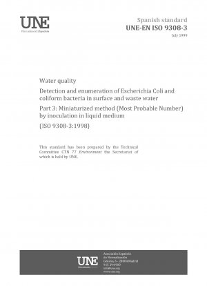 水質 - 大腸菌および大腸菌の検出および計数 - パート 3: 地表水および廃水中の大腸菌の検出および計数のための小型化された方法 (最も可能性の高い数) (ISO 9308-3:1998)
