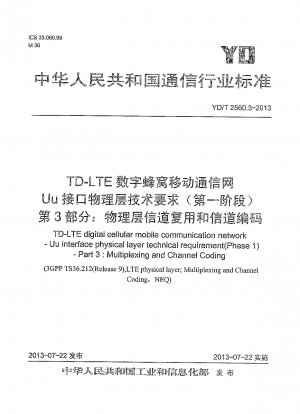 TD-LTE デジタルセルラー移動通信ネットワーク Uu インターフェイスの物理層の技術要件 (フェーズ 1) パート 3: 物理層の多重化とチャネル符号化