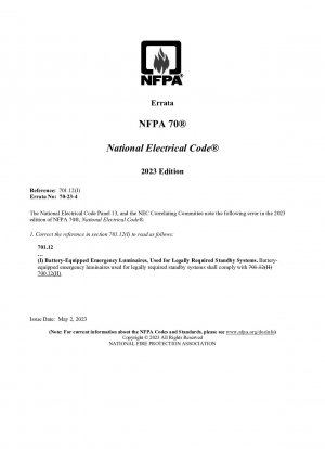 National Electrical Code® Errata 70-23-4、参照: 701.12(I)